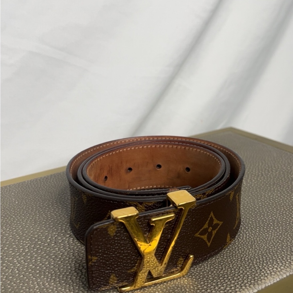 Louis Vuitton Dark Brown Monogram Leather Belt with Gold Buckle